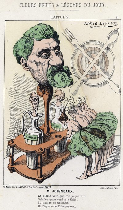 莴苣：关于Joigneaux的漫画--1871年3月18日的插图，载于《每日花卉、水果和蔬菜》。 作者 阿尔弗雷德·勒·佩蒂特