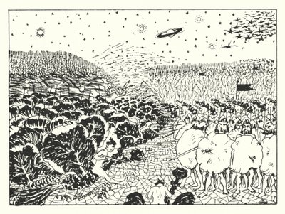 卢西安的《真实的历史》：蜘蛛网平原上的空中战斗（雕刻） 作者 阿尔弗雷德·佩恩·加内特