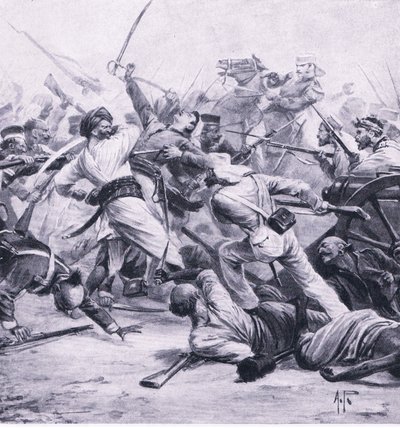 尼科尔森于1857年8月2日击败了Najafgarh的叛乱分子，1915年英国陆地和海上战役的插图 作者 阿尔弗雷德·皮尔斯（Alfred Pearse）