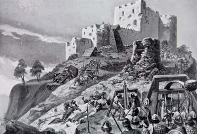 1095 年威尔士袭击蒙哥马利城堡，由波伊斯亲王 Cadwgan ap Bleddyn 领导，插图来自“Hutchinson