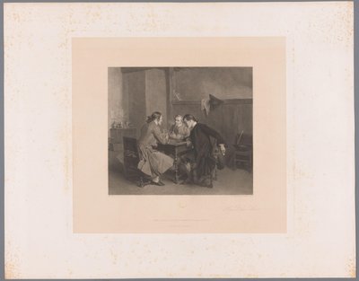 室内，三个吸烟男子坐在桌边
Les Bons Amis（物品上的标题） 作者 奥古斯特·布兰查德
