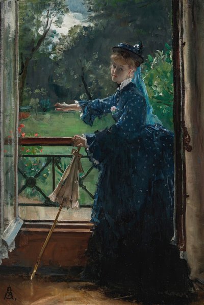 阳台上的女人。 作者 阿尔弗雷德·埃米尔·史蒂文斯（Alfred Emile Stevens）