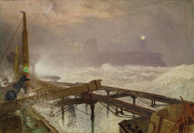 蓝灯，Teignemouth码头 - 日落时点亮灯，1868年（wc，车身颜色和纸上划痕） 作者 阿尔弗雷德·威廉·亨特