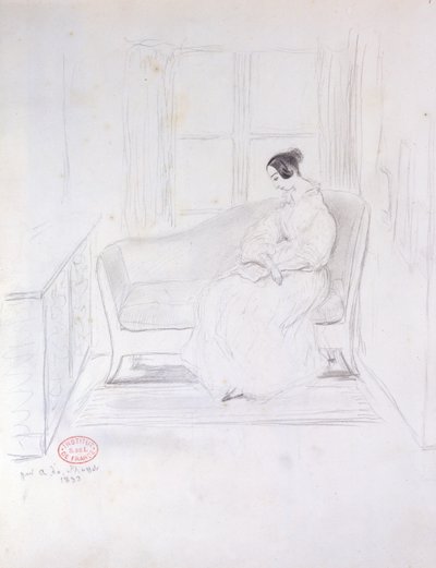 乔治·桑（1804-76），1833年在窗户旁边的沙发上看书 作者 阿尔弗雷德·德·穆塞特