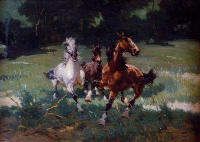 奔跑的马，阿尔弗雷多-托明兹（1854-1936）的画，纸板上的油画，67x48厘米，意大利 作者 阿尔弗雷多·托明兹
