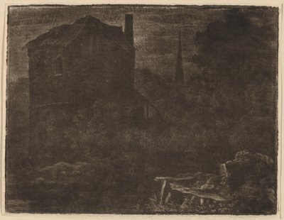有房屋和教堂尖顶的夜景，可能约1660年。 作者 阿拉特·范·埃弗丁根