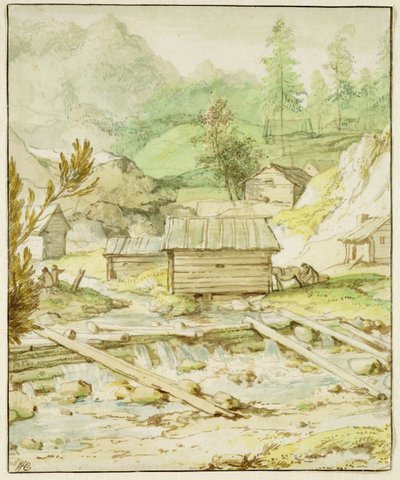 北欧景观与木屋和堰（笔，画笔和纸上的厕所） 作者 阿拉特·范·埃弗丁根