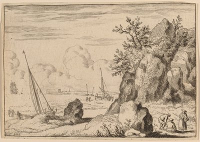 右边有三个人物的海景画，大概在1645-1656年间。 作者 阿拉特·范·埃弗丁根