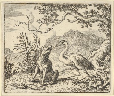 鹳鸟从狼的喉咙里取出一块骨头，来自Hendrick van Alcmar的Renard The F...，1650-75。 作者 阿拉特·范·埃弗丁根