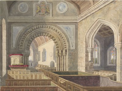 朗登教堂（Longdon Church）内部：水彩画，nd [c 1842] 作者 艾伦·爱德华·埃弗里特