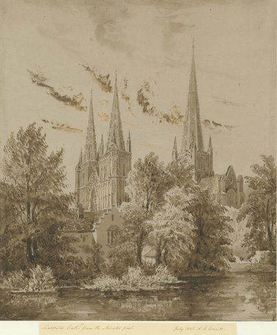 利奇菲尔德大教堂-西南景观：乌贼墨画，1842年7月 作者 艾伦·爱德华·埃弗里特