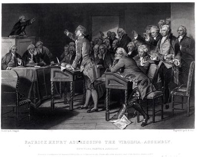 帕特里克亨利在1775年3月对弗吉尼亚议会发表讲话，由亨利布莱恩霍尔（1808-84）雕刻，1856年 作者 阿隆佐·查佩尔