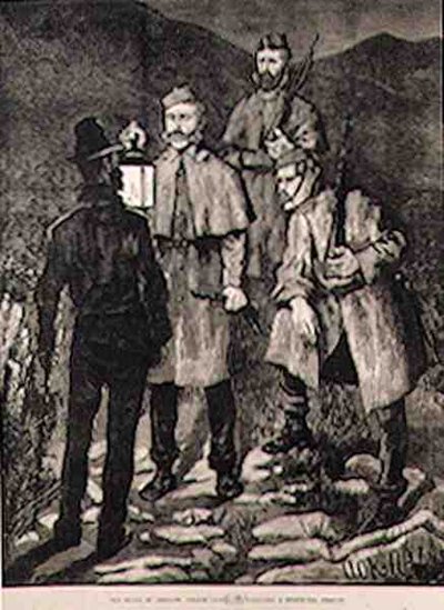 爱尔兰国家：警察巡逻队在1881年6月8日的伦敦新闻画报中挑战一名被怀疑的人 作者 Aloysius C. OKelly