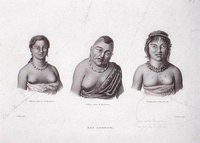 来自桑威奇群岛的夏威夷酋长的妻子，约1824年（雕刻）。 作者 阿尔方斯（后）Pellion