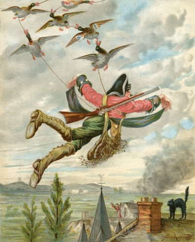 鸭子从地上抬起来，出自鲁道夫-埃里希-拉斯佩（1736-94）的《蒙乔生男爵历险记》，约1886年出版（彩色平版印刷）。 作者 阿方斯·阿道夫·比哈德
