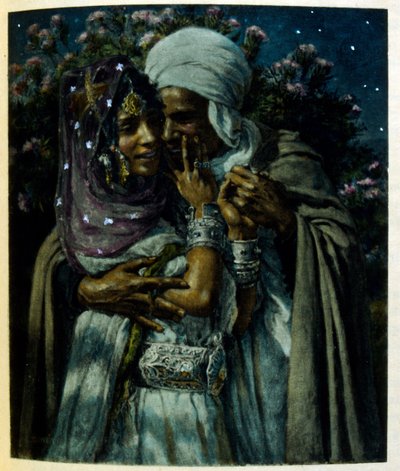 Dinet 绘制的插图，选自《海市蜃楼》中的阿拉伯生活场景。1906.Mirages, Scénes De La Vie Arab》由艾蒂安-迪内特绘制插图，西尔曼-本-易卜拉欣-巴默尔撰写评论。纳斯雷丁-迪内出生时的名字是阿尔方斯-艾蒂安-迪内（1861-1929 年），法国画家。 作者 阿方斯·艾蒂安·迪内