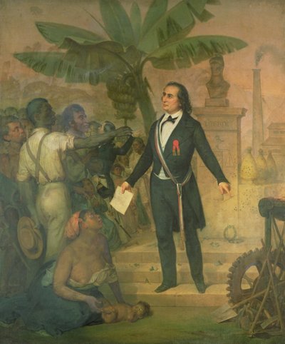约瑟夫·拿破仑·塞巴斯蒂安·萨尔达·加里加 (Joseph Napoleon Sebastien Sarda Garriga)（1808-77 年）在留尼汪岛颁布解放奴隶法令 作者 阿方斯·加洛（Alphonse Garreau）