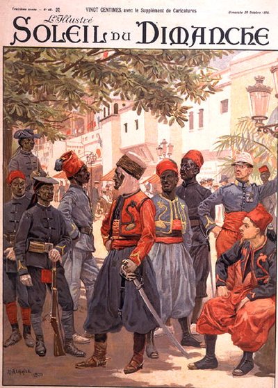 殖民地的最后日子，在世界博览会的特罗卡德罗花园，摘自1900年10月28日的 "Soleil du Dimanche"（彩色平印）。 作者 阿方斯（Alphonse Lalauze）