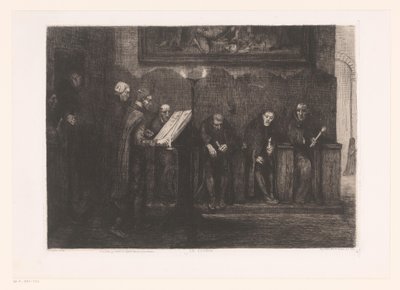 八个人围坐在一张桌子旁 Le lutrin（物体上的标题） 作者 阿方斯·莱格罗斯（Alphonse Legros）