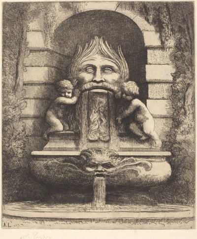 喷泉：怪诞、儿童和盆景 (Une fountaine: Masque, enfants et bassin) 作者 阿方斯·莱格罗斯（Alphonse Legros）