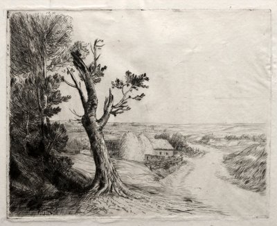 与稻草堆的风景。 作者 阿方斯·莱格罗斯（Alphonse Legros）