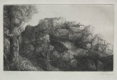 与建筑物的景观。 作者 阿方斯·莱格罗斯（Alphonse Legros）