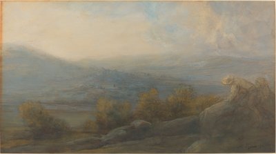 山区风景，右侧有两个人物 作者 阿方斯·莱格罗斯（Alphonse Legros）