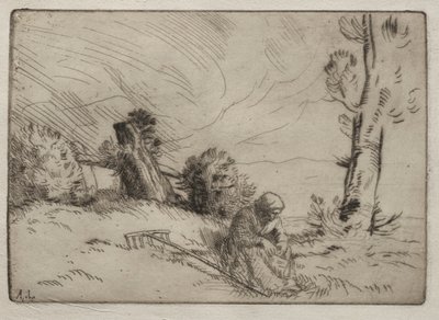 坐在树篱旁的农妇 作者 阿方斯·莱格罗斯（Alphonse Legros）