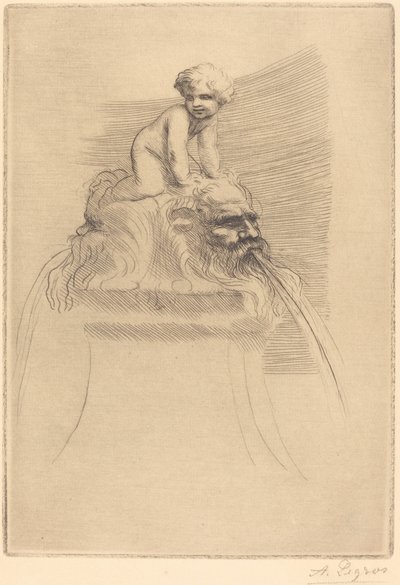小喷泉，儿童在石雕上玩耍 作者 阿方斯·莱格罗斯（Alphonse Legros）