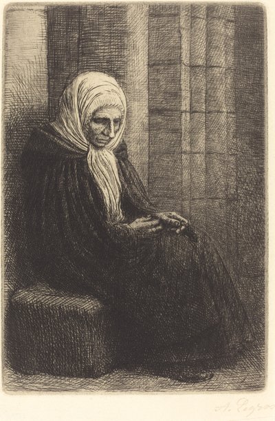 妇女靠墙而坐，孩子抱头在膝 (Femme assis, muraille au fond, enfant la tete dans son giron) 作者 阿方斯·莱格罗斯（Alphonse Legros）