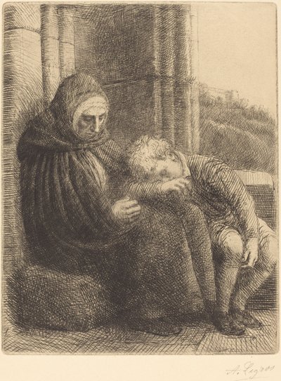 妇女靠墙而坐，孩子把头放在她的腿上（Femme assise, muraille au fond, enfant la tete dans son giron 作者 阿方斯·莱格罗斯（Alphonse Legros）