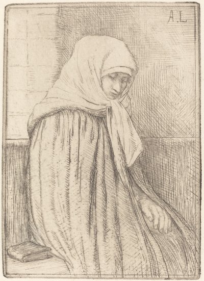 坐在教堂里的青年农民 (Jeune paysanne assise dans une eglise) 作者 阿方斯·莱格罗斯（Alphonse Legros）