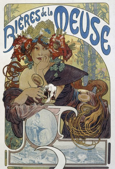 Les beers de la Meuse - 广告、装饰艺术。 作者 Alphonse Marie (after) Mucha