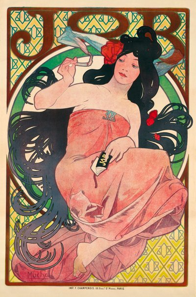 Affiche publicitaire pour le papier a cigarette Job - 纸巾工作的广告海报 - Mucha、Alfons (Alphonse) Marie (1860-1939)绘画，1896 年彩色石版画（51.5x39 厘米） - 私人收藏 作者 Alphonse Marie Mucha