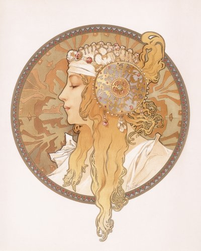 拜占庭的金发少女头； 1897年，一位金发女子的拜占庭头 作者 阿方斯·慕夏