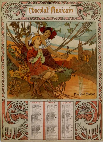 穆夏 (1860 – 1939) 所绘的巧克力马森日历。 捷克新艺术派画家 作者 Alphonse Mucha