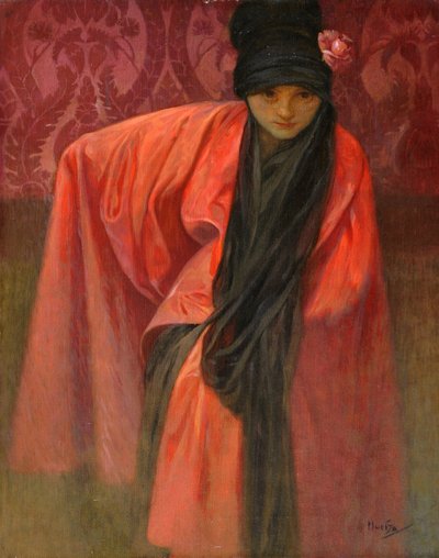 红衣女孩，阿尔方斯-玛丽(1860-1939)，约1914年--布面淡彩画，60.5x47--私人收藏 作者 阿方斯·慕夏