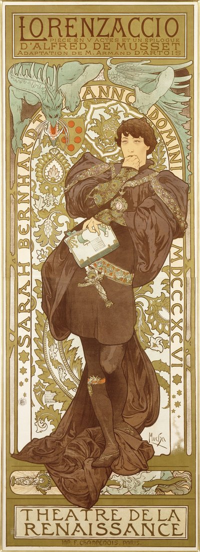 洛伦扎乔（Lorenzaccio），描绘了萨拉·伯恩哈特（Sarah Bernhardt）的角色，1896年 作者 阿方斯·慕夏