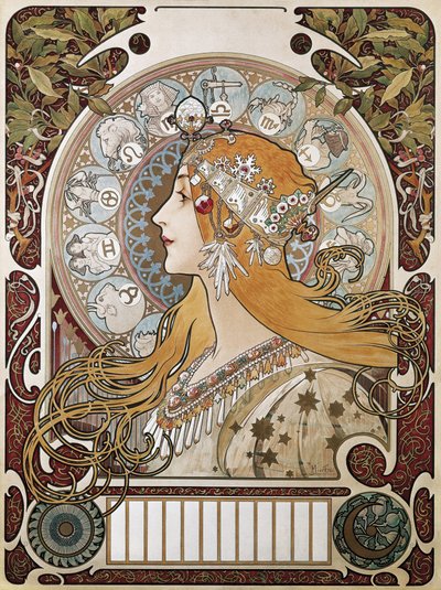 穆夏，阿尔方斯-玛丽亚（1860-1939 年）。黄道十二宫》。1896.(67 x 48 厘米）。La Plume》（《羽毛》）杂志的广告海报和日历。现代主义。文学 作者 阿尔方斯·玛丽·穆夏