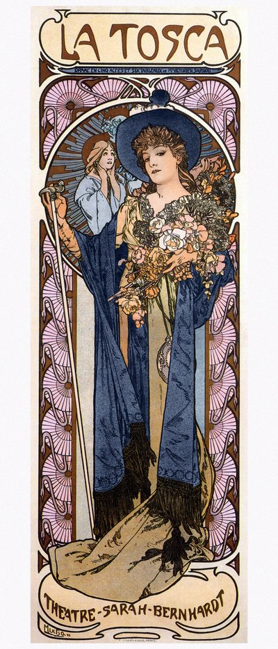 阿方斯-穆查（Alfonse Mucha，1860-1939 年）为女演员莎拉-伯恩哈特（Sarah Bernhardt）演出的维克多利亚-萨杜（Victorian Sardou，1831-1908 年）的戏剧《托斯卡》创作的海报 作者 阿尔方斯·玛丽·穆夏
