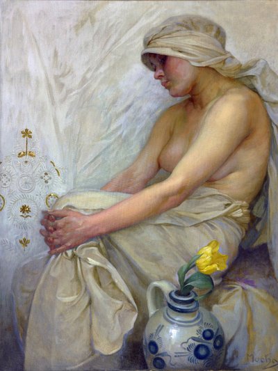 坐在穆夏的女孩，阿尔方斯玛丽（1860-1939），c。 1914 年 - 画布上的蛋彩画，80x60 - 私人收藏 作者 阿方斯·慕夏