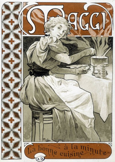 年轻女子在煤气灶上做饭--广告Maggi "一分钟的好食物"，由Mucha创作，约1890年。 作者 阿方斯·慕夏