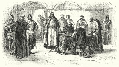 在托莱多第三次会议上宣布天主教为西班牙哥特王国的宗教，589年（雕刻）。 作者 阿尔丰斯·玛丽·德·诺伊维尔（后）