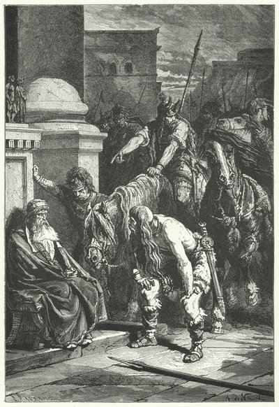罗马执政官马库斯·帕皮里乌斯 (Marcus Papirius) 死于罗马高卢袋中，公元前 387 年（版画） 作者 阿尔丰斯·玛丽·德·诺伊维尔（后）