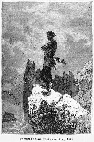 由Neles Theophile Hildibrand（1824-97）刻印的Nemo上尉攀登一块岩石，插图来自&39;20,000海底联盟&39;，由Hetzel雕刻，1828年出版（b 作者 Alphonse Marie de Neuville