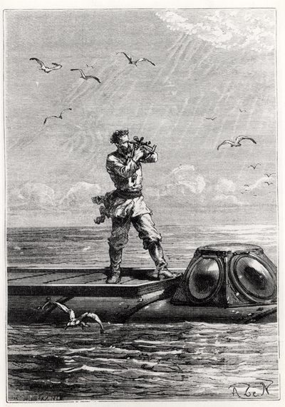 Nemo上尉在鹦鹉螺之上，由Jules Verne（1828-1905）创作的“20,000海底联盟”，由Henri Theophile Hildibrand（1824-97）镌刻 作者 阿方斯·玛丽·德·诺伊维尔
