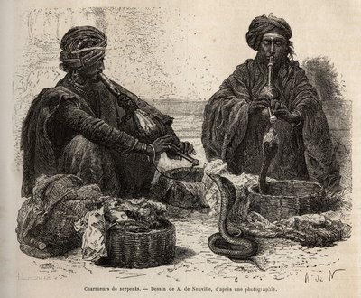 Les chareurs de serpents，交易爬行动物，他们通过吹他们的 toumril（长笛）来吸引爬行动物，在 A. de Neuville 的画后雕刻，描绘了 1864-1868 年由 Louis Rousselet 出版的 Rajahs 到印度的航行 在“”乐游 作者 阿方斯·玛丽·德·诺伊维尔