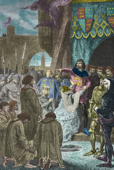 1347 年，菲利帕-德-海瑙特恳求英格兰的爱德华三世放过加莱的居民（版画） 作者 阿方斯·玛丽·德·诺伊维尔