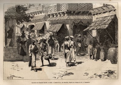 Chandni Chowk的十字路口，金蚕街，商业和手工业活动的主要场所，从宫殿的大门外到拉合尔的门外，根据A. de Neuville的绘图雕刻，说明了航行的情况。 作者 阿方斯·玛丽·德·诺伊维尔