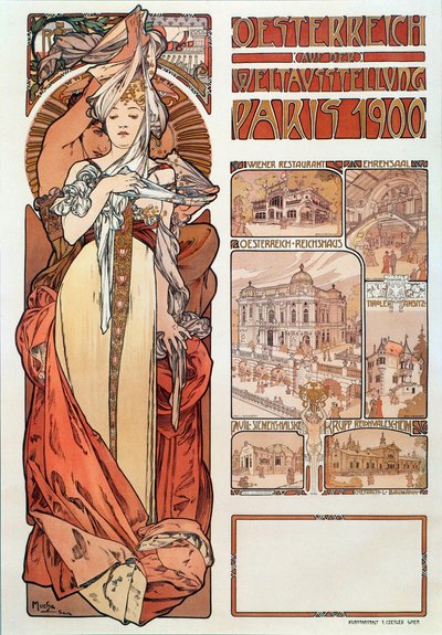 Alphonse Mucha（1860-1939）为奥地利制作的广告海报代表1900年巴黎世界博览会 -  Dim 68x98,5 cm由Alphonse Mucha为“奥地利”展览的广告海报 作者 Alphonse Mucha